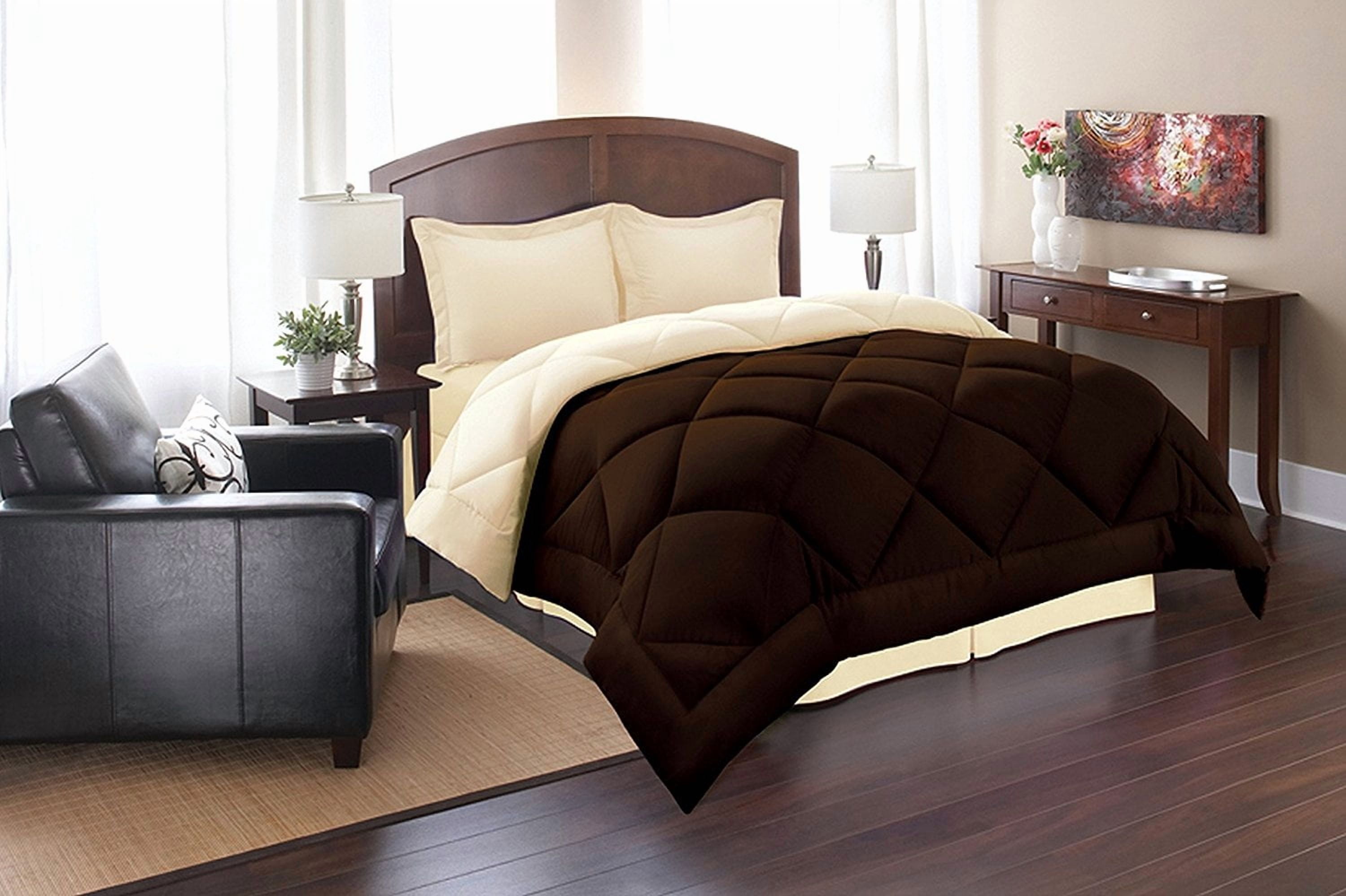 Celine Linen Goose Down Alternative Reversible 3pc Comforter Set-, Full/Queen, Brown/Cream