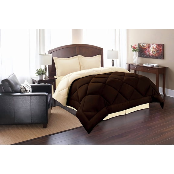 Celine Linen Goose Down Alternative Reversible 3pc Comforter Set-, Full/Queen, Brown/Cream
