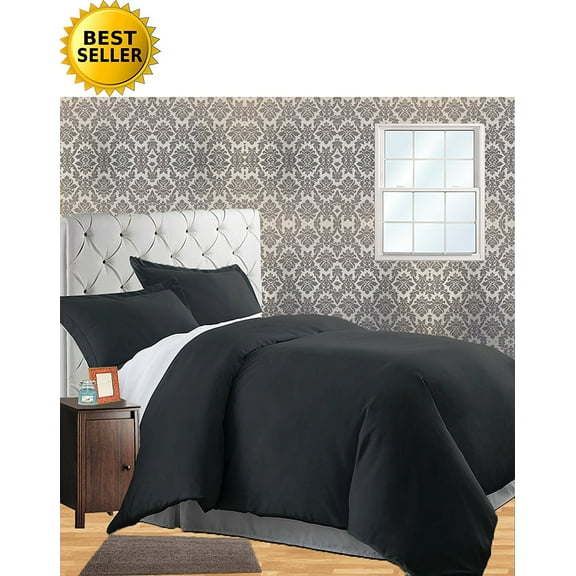 Celine Linen Wrinkle & Fade Resistant 3-Piece Duvet Cover Set - Protects and Covers your Comforter / Duvet Insert, 1500 Series LUXURIOUS 100% HypoAllergenic - Silky Soft, Full/Queen, Black