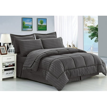 Celine Linen Wrinkle Resistant - Luxury Silky Soft Dobby Stripe Bed-in-a-Bag 8-Piece Comforter Set --HypoAllergenic - Full/Queen, Gray