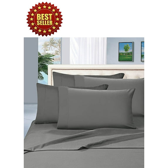 Celine Linen ® Wrinkle and Fade Resistant 1800 Series 4 Piece Bed Sheet Set, Deep Pocket up to 16 inch, Split King, Grey