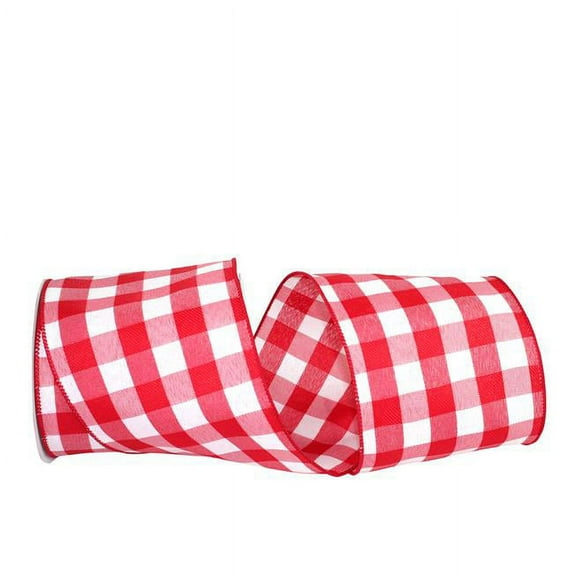 Celine Plaid Twill Wired Edge Ribbon - White & Red - 4 in. x 10 yards