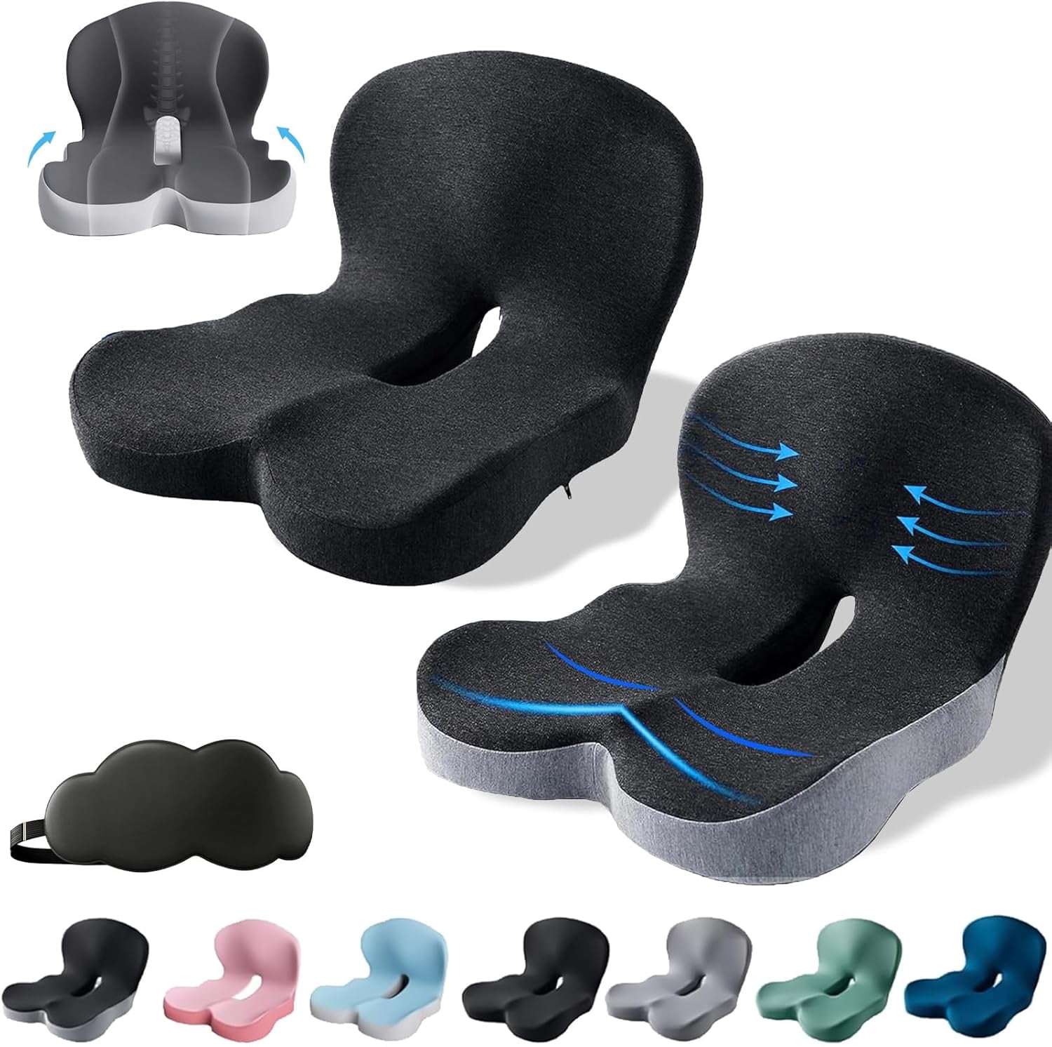Celinva Orthopedic Cushion, Seat Cushion for Truck Driver, Memory Foam L-Shaped Integrated Seat Cushions, Lumbar Support for Long Sitting Office Worker (Black+Black Gray)