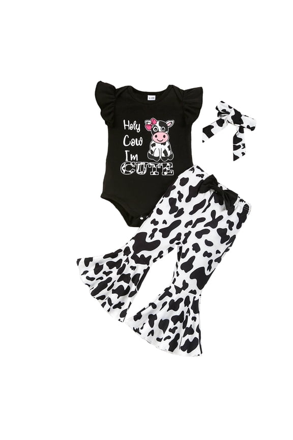 Celivon Baby Girls 2Pcs Outfits Outfit Cow Words Prints Short Sleeve Tops Bottom Pants Set ,0-18M