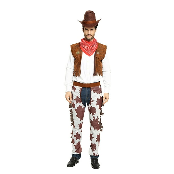 Celivon Cowboy Outfits For Men 4 Piece Hat+Scarf+Vest+Fringe Leg Warmer Set Vintage Texas Western Cowboy Themed Sets Casual Loungwear Dailywear