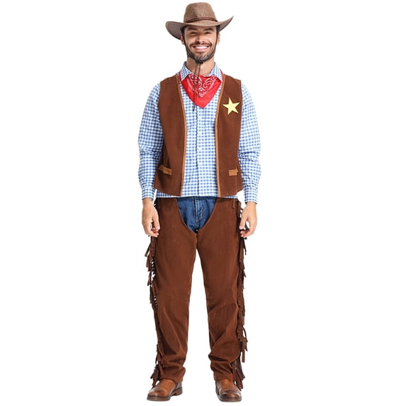 Celivon Cowboy Outfits For Men 5 Piece Hat+Scarf+Vest+Tshirt+Fringe Leg Warmer Set Vintage Texas Western Cowboy Themed Sets Casual Loungwear Dailywear
