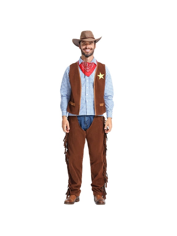 Cowboy Outfits For Men 5 Piece Hat+Scarf+Vest+Tshirt+Fringe Leg Warmer Set Vintage Texas Western Cowboy Themed Sets Casual Loungwear Dailywear
