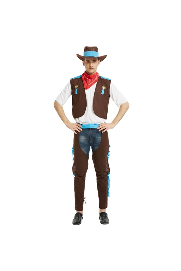Cowboy Outfits For Men 5 Piece Hat+Scarf+Vest+Tshirt+Fringe Leg Warmer Set Vintage Texas Western Cowboy Themed Sets Casual Loungwear Dailywear