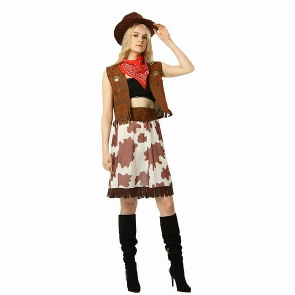 Celivon Cowgirl Outfits For Women 4 Piece Hat Skirt Vest Scarf Family Sets Vintage Western Cowboy Themed Sets Party Club Casual Daily Wear
