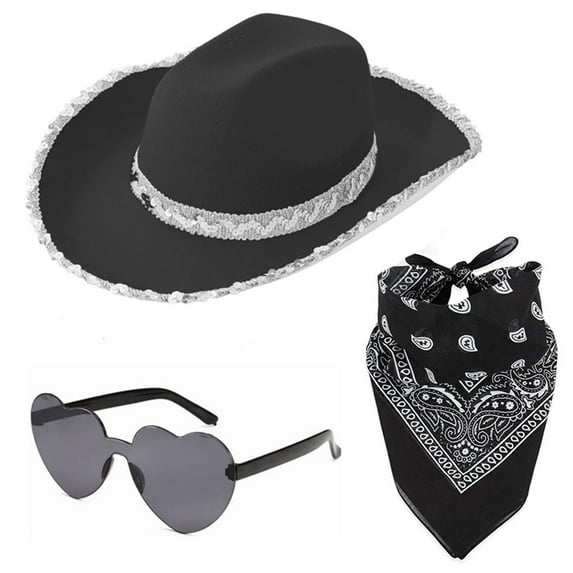 Celivon Double Sequin Wrapped Black Western Cowgirl Hat 3 Piece Set Glasses Square Scarf Silk Scarf