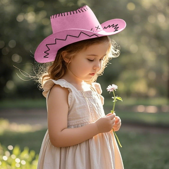 Celivon Kids Pink Cowgirl Hat Vintage Western Casual Riding Wide Brim Travel Loose Cap Outdoor Camping Hat