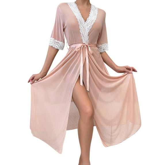 Celivon Lace Mesh Robes For Women Spring Summer Long Pajamas Smooth Robe Kimono Bathrobe Home Clothes Sexy