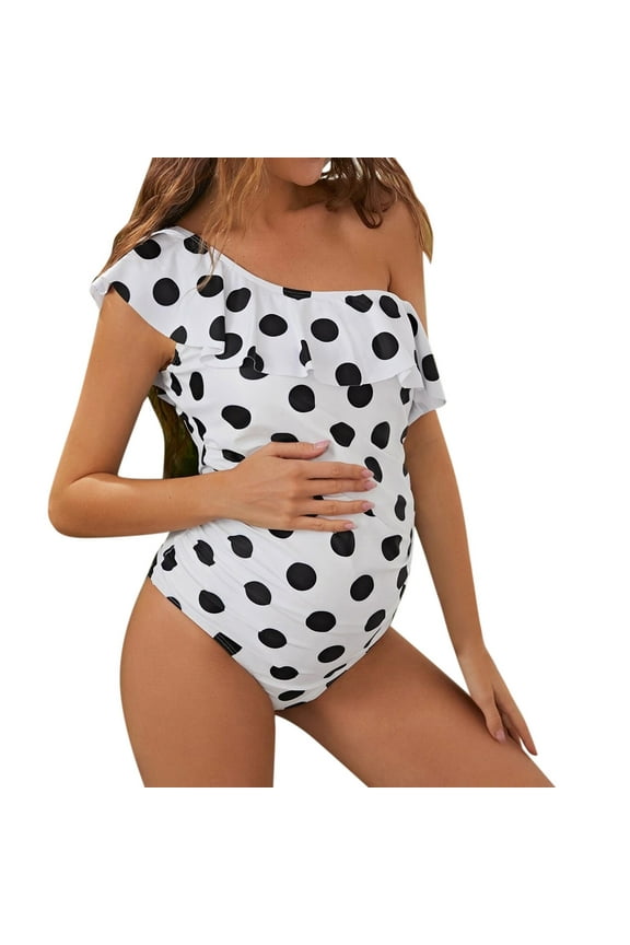 Maternity High Waist Bikini Swimsuit 2 Piece Bathing Suits One Shoulder Polka Dot Print Swimwear