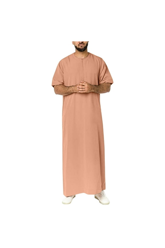 Celivon Mens Kaftan V Neck Casual Long Sleeve Thobe Loose Arabic Clothing Universal Fit Prayer Hood Ramadan Robes Beige
