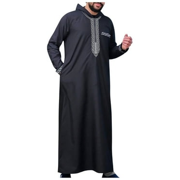 Celivon Mens Kaftan V Neck Casual Long Sleeve Thobe Loose Arabic Clothing Universal Fit Prayer Hood Ramadan Robes Black