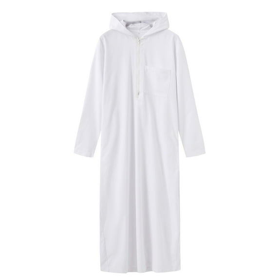 Celivon Mens Kaftan V Neck Casual Long Sleeve Thobe Loose Arabic Clothing Universal Fit Prayer Hood Ramadan Robes White