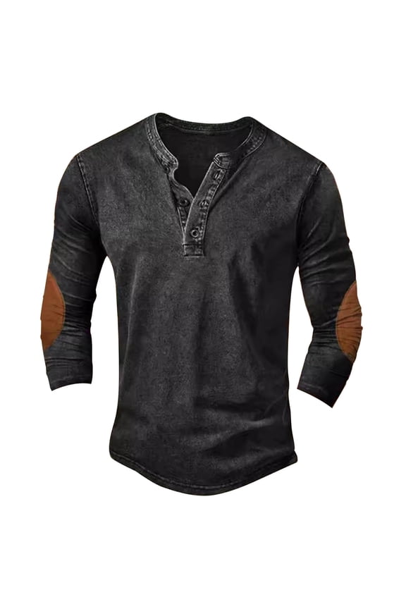 Mens Long Sleeve Henley Shirt Half Button Down Shirts Classic Casual Cotton Blend Top Loose Vintage Tops Black