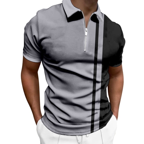 Celivon Mens Retro Half Zipper Striped Color Block Short Sleeve Lapel Polo Shirt Vintage Loose Soft T Shirt Pullvoer Gray