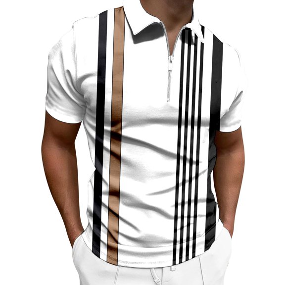 Celivon Mens Retro Half Zipper Striped Color Block Short Sleeve Lapel Polo Shirt Vintage Loose Soft T Shirt Pullvoer White