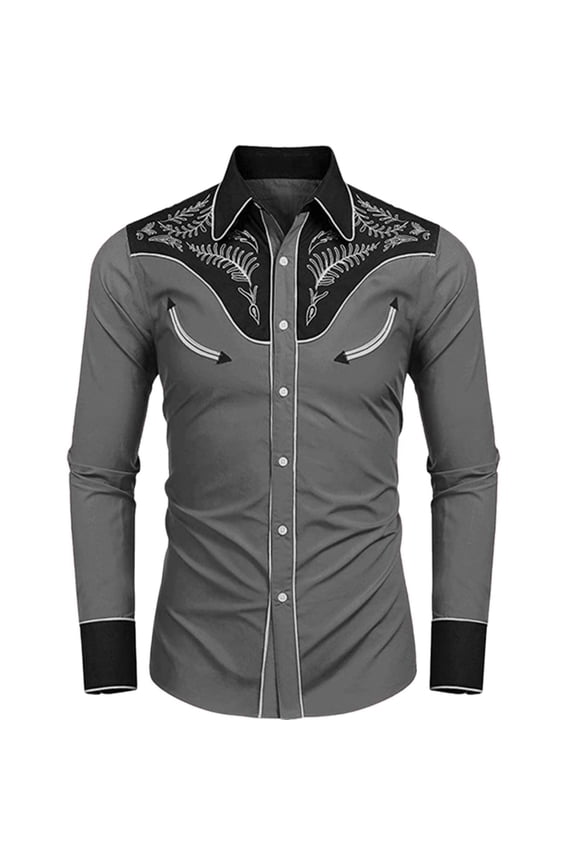 Mens Retro Western Cowboys Button Down Shirts Embroidery Long Sleeve Lapel Cardigan Tshirt Gray