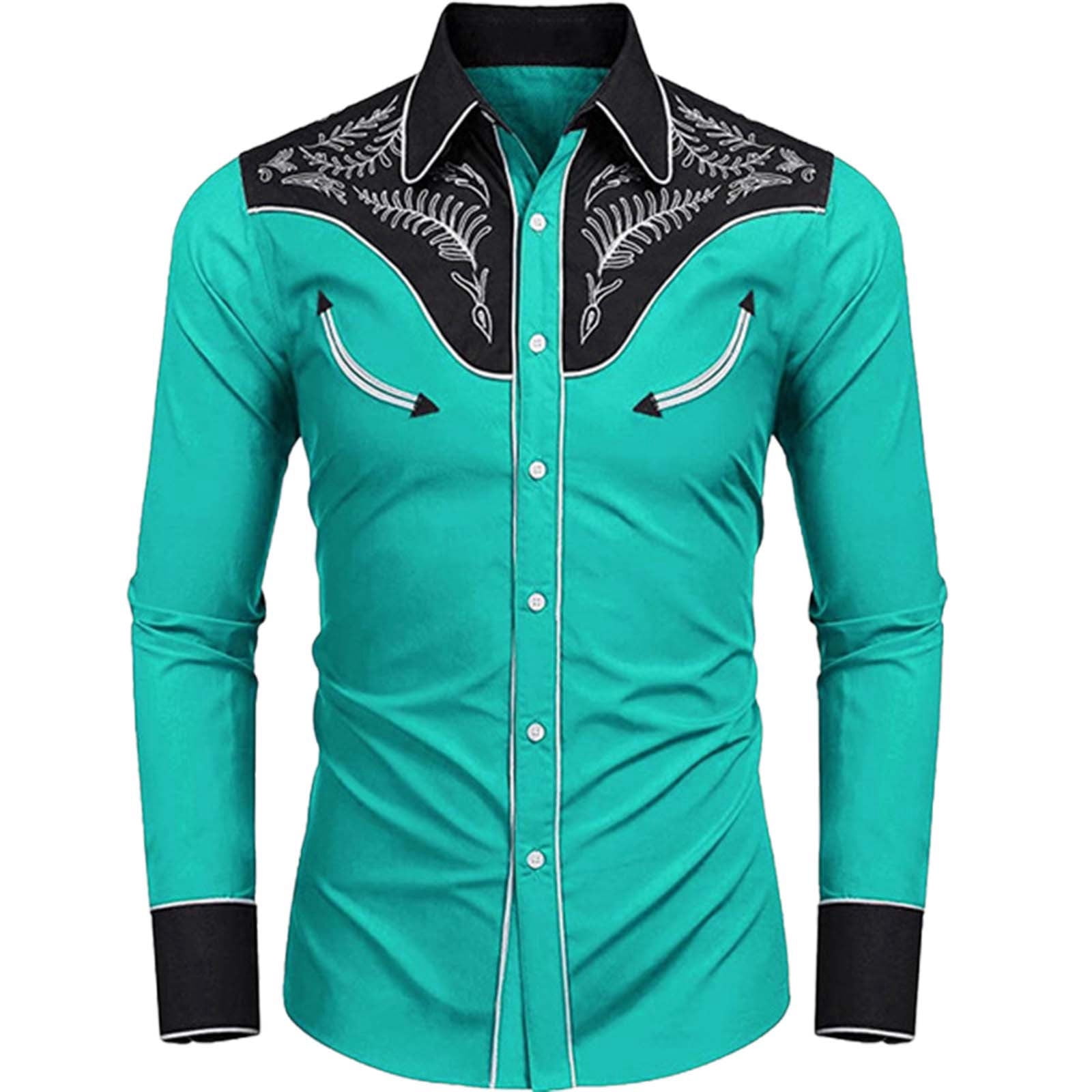 Celivon Mens Retro Western Cowboys Button Down Shirts Embroidery Long ...
