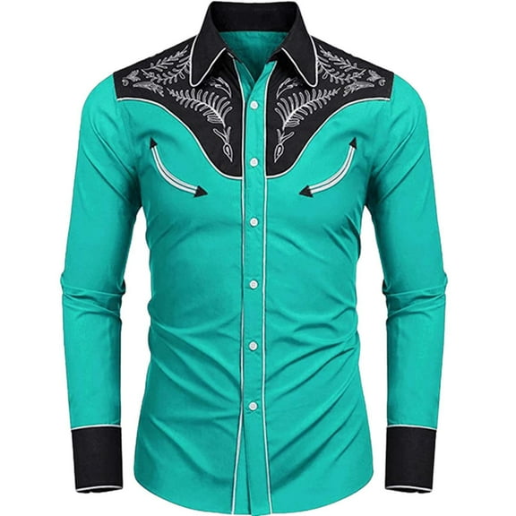 Celivon Mens Retro Western Cowboys Button Down Shirts Embroidery Long Sleeve Lapel Cardigan Tshirt Green