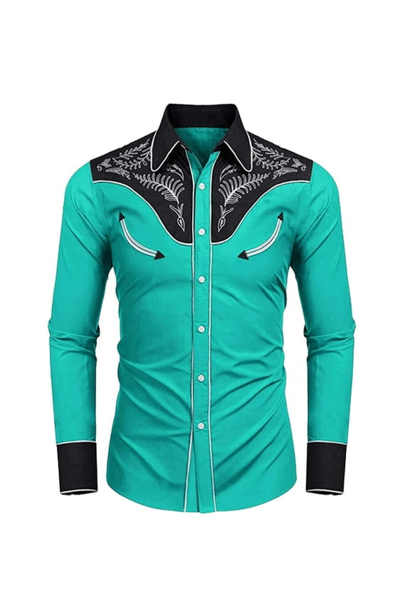 Mens Retro Western Cowboys Button Down Shirts Embroidery Long Sleeve Lapel Cardigan Tshirt Green