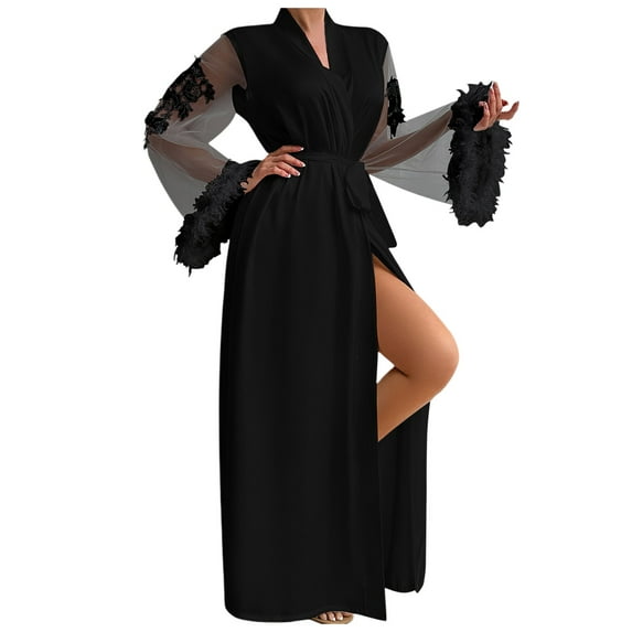 Celivon Satin Silk Robes For Women Spring Summer Long Pajamas Smooth Lace Kimono Robe Sexy Mesh Chemise Nightgown Cover Up