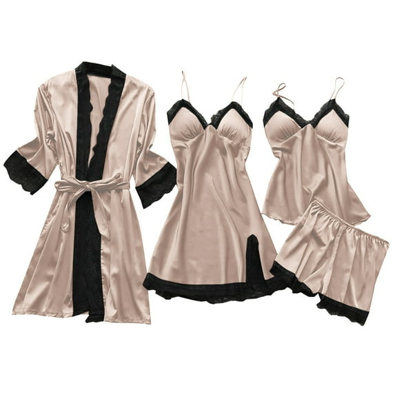 Celivon Satin Silk Robes For Women Spring Summer Long Pajamas Smooth Sexy Four Piece Sling Home Clothes With Padded