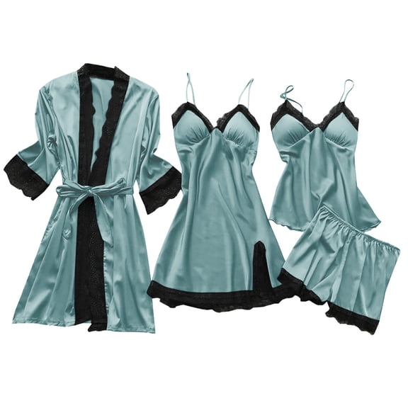 Wxolcjlv Satin Silk Robes For Women Spring Summer Long Pajamas Smooth Sexy Four Piece Sling Home Clothes With Padded