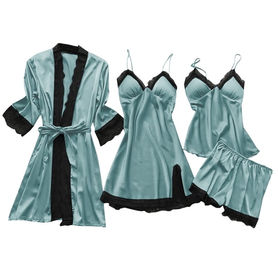 Wxolcjlv Satin Silk Robes For Women Spring Summer Long Pajamas Smooth Sexy Four Piece Sling Home Clothes With Padded