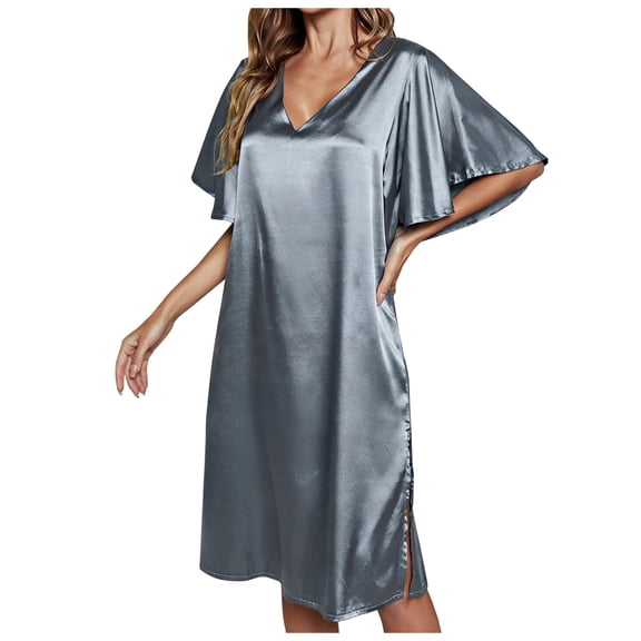 Celivon Silk Robes For Women Spring Summer Long Pajamas Smooth Solid Color Female Ice Silk Nightdress Short Sleeve Gown