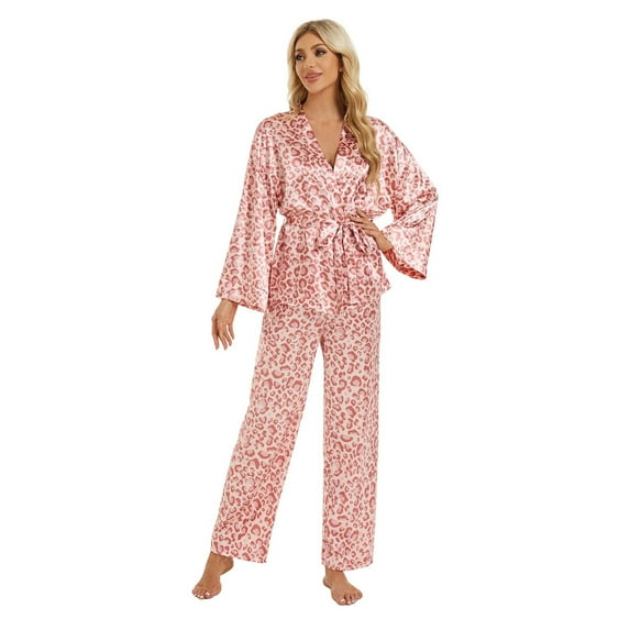Celivon Silk Robes For Women Spring Summer Long Pajamas Smooth Suit Saedin Print Bathrobe Set