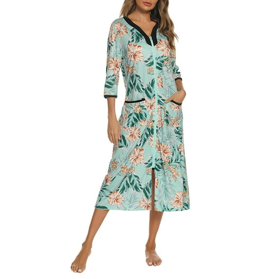 Celivon Silk Robes For Women Spring Summer Long Pajamas Smooth Zipper Front Robe 3/4 Sleeve Housecoat Calf Length Casual Nightgown Loose Bathrobe With Pockets