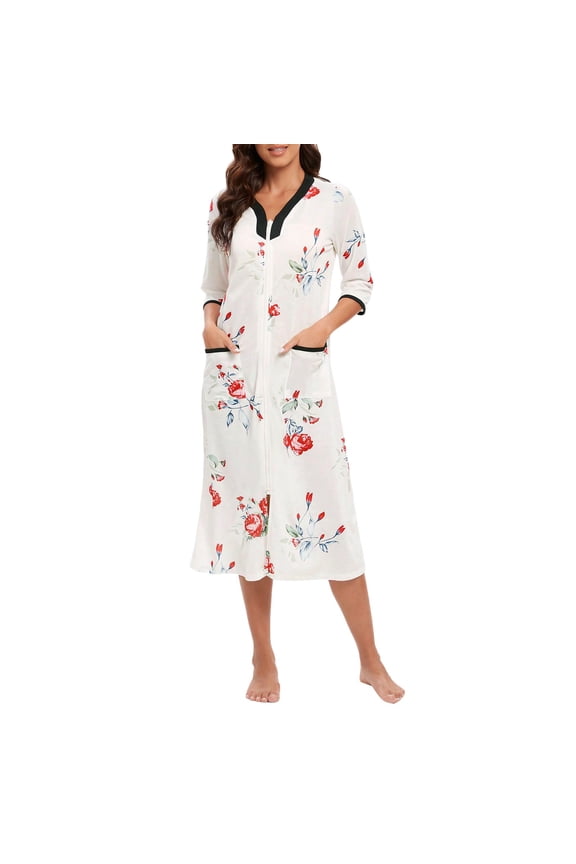 Silk Robes For Women Spring Summer Long Pajamas Smooth Zipper Front Robe 3/4 Sleeve Housecoat Calf Length Casual Nightgown Loose Bathrobe With Pockets
