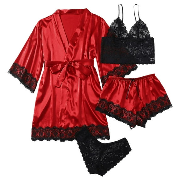 Celivon Silk Satin Robes For Women Spring Summer Long Pajamas Smooth 4 Piece Lace Strap Sleep Set With Robe Seductive Comfortable