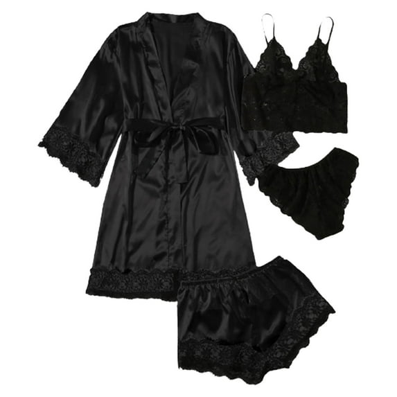 Celivon Silk Satin Robes For Women Spring Summer Long Pajamas Smooth 4 Piece Lace Strap Sleep Set With Robe Seductive Comfortable