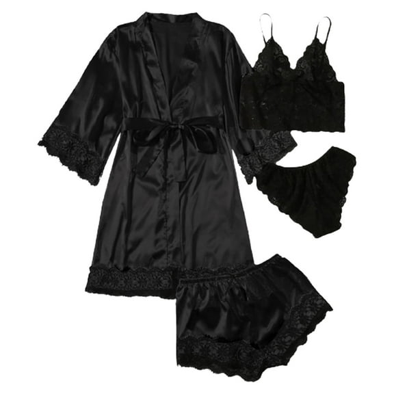 Celivon Silk Satin Robes For Women Spring Summer Long Pajamas Smooth 4 Piece Lace Strap Sleep Set With Robe Seductive Comfortable