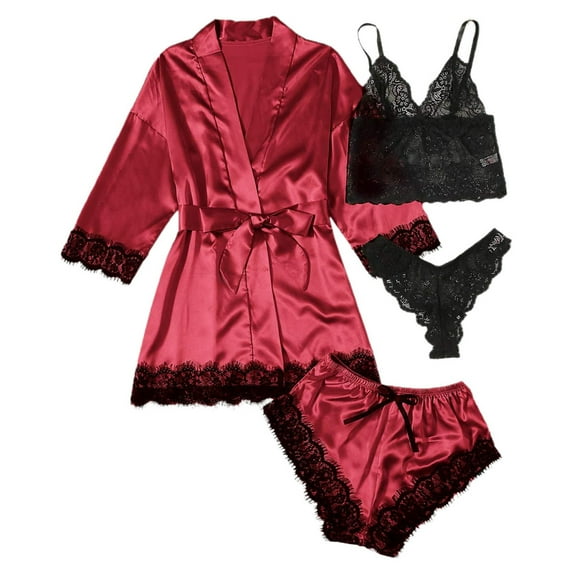 Celivon Silk Satin Robes For Women Spring Summer Long Pajamas Smooth 4 Piece Lace Strap Sleep Set With Robe Seductive Comfortable