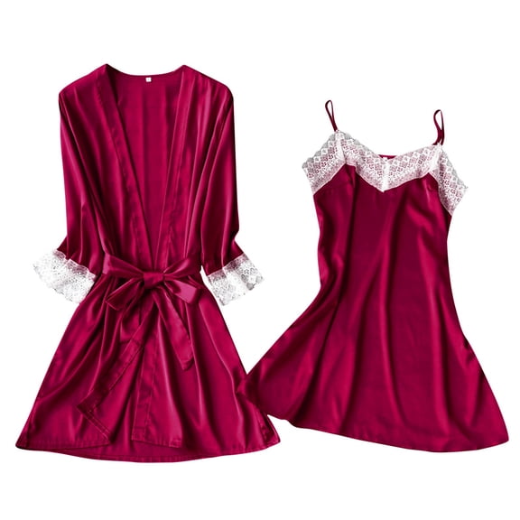 Celivon Silk Satin Robes For Women Spring Summer Long Pajamas Smooth Sexy Lace Solid Color Suspender Nightgown Long Sleeved Gown Suit