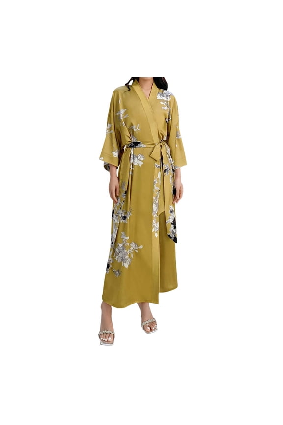 Silk Satin Robes For Women Spring Summer Long Pajamas Smooth Luxe Floral Kimono Robe For Cool Sensation 3/4 Sleeve Long Casual Home Wear Bathrobe Sleepwear