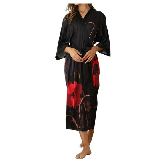 Celivon Silk Satin Robes For Women Spring Summer Long Pajamas Smooth Luxe Floral Kimono Robe For Cool Sensation 3/4 Sleeve Long Casual Home Wear Bathrobe Sleepwear