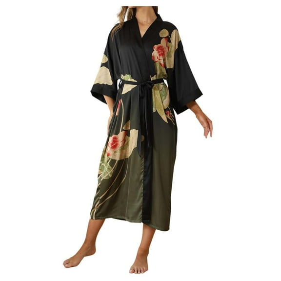 Celivon Silk Satin Robes For Women Spring Summer Long Pajamas Smooth Luxe Floral Kimono Robe For Cool Sensation 3/4 Sleeve Long Casual Home Wear Bathrobe Sleepwear