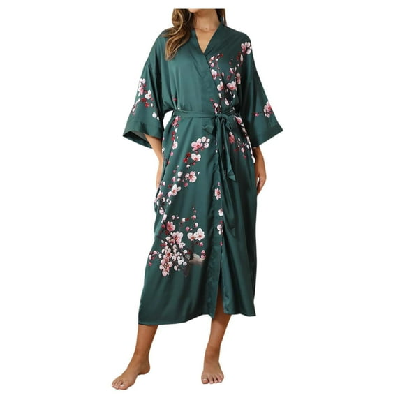 Celivon Silk Satin Robes For Women Spring Summer Long Pajamas Smooth Luxe Floral Kimono Robe For Cool Sensation 3/4 Sleeve Long Casual Home Wear Bathrobe Sleepwear