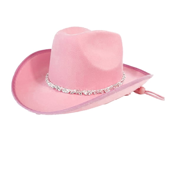 Celivon Stripe Of Rhinestones Pink Cowgirl Hat Woman Girls Breathable Pink Cowgirl Hat With Adjustable Chin Rope Western Style Hat