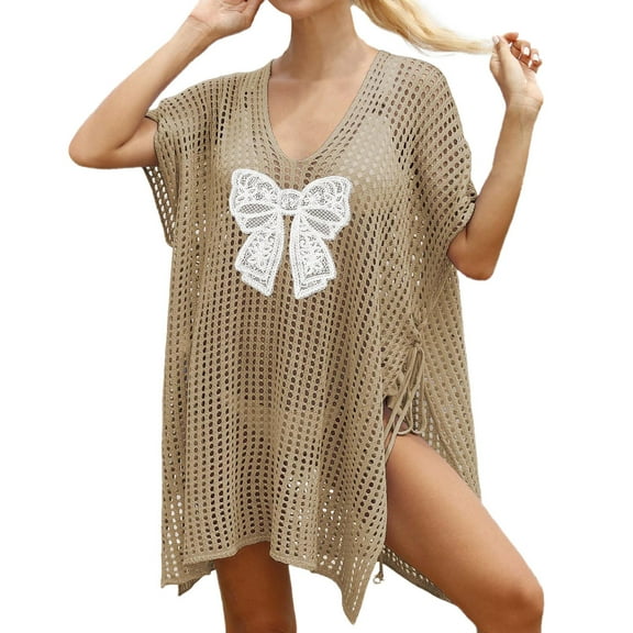 Celivon Summer Crochet Hollow Out Knit Beach Bathing Suit Swim Cover Ups Cruise Outfits Vacation Dresses Women 2025 Lightweight Khaki