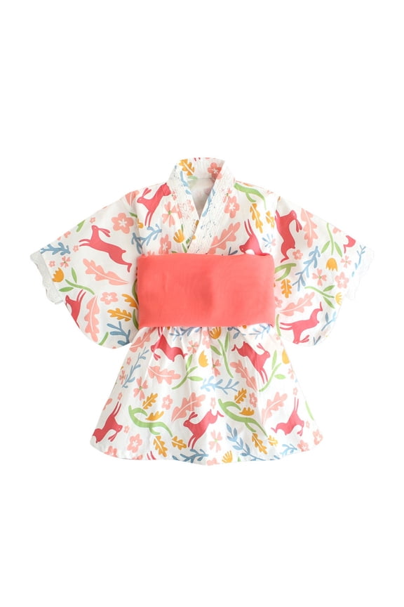 Trendy Girls' Dresses Kids Toddler Baby Spring Summer Print Yukata Summer Festival Kimono Yukata 2 Piece Set Belt Set Dress Chic Outdoor Leisure,1-6Y