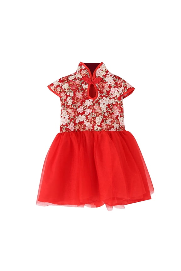 Vintage Girls' Dresses Little Spring Little Holiday Sino Style Cheongsam Princess Dress Chic Outdoor Leisure,3-11Y