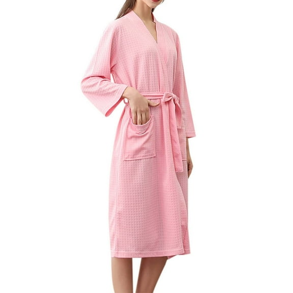 Celivon Waffle Robes For Women Spring Summer Long Pajamas Smooth Mens And Solid Color And Couple Thin Quarter Sleeved Nightgown