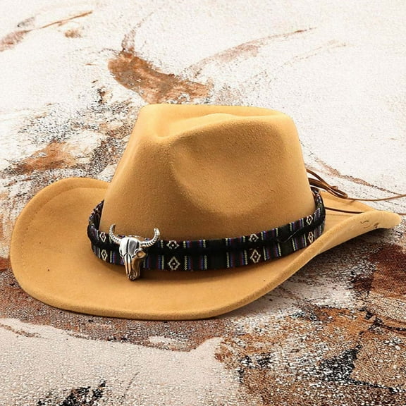 Celivon Western Cowboy Hat Jazz Bowler Hat Cow Head Decoration Ethnic Style Hat